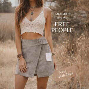 Free People NWT Faux Suede Mini Skirt Size 10 | Stone Gray Wrap Belted